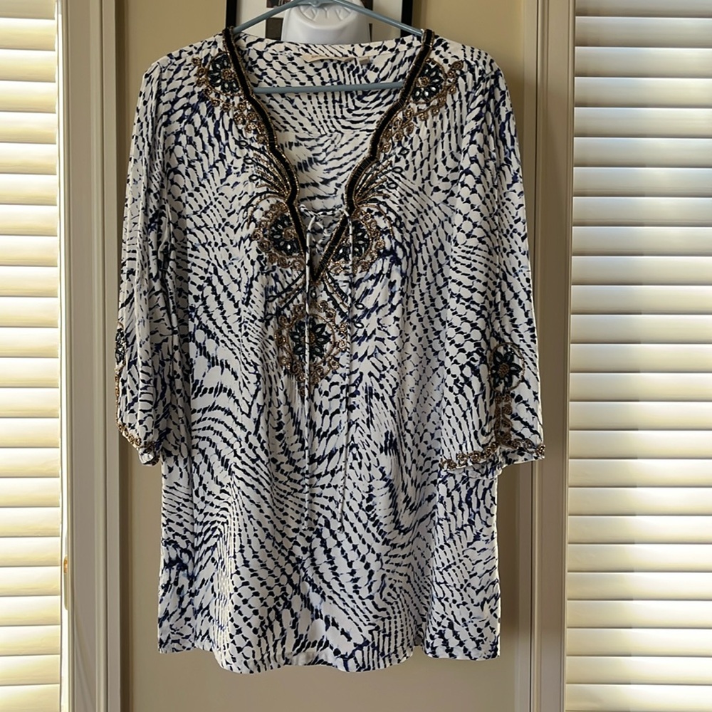 Beaded blue and white blouse